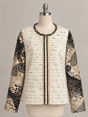 Chico's Women's Size 3 16/18 Versailles Brocade Sleeve Open Front Tweed Blazer